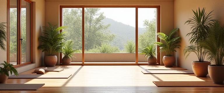 Eco-conscious yoga studio interior at Elysian Hatha